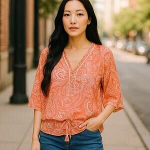 JOHNPAULRICHARD Orange Paisley Batwing Bohemian Blouse Top ~ Women's MEDIUM